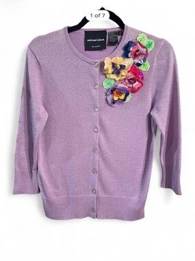 Michael Simon Lavender Shimmer Cardigan with Multi-Color Floral Appliqués